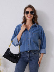 Pocketed Striped Button Up Denim Shirt - Trendsi
