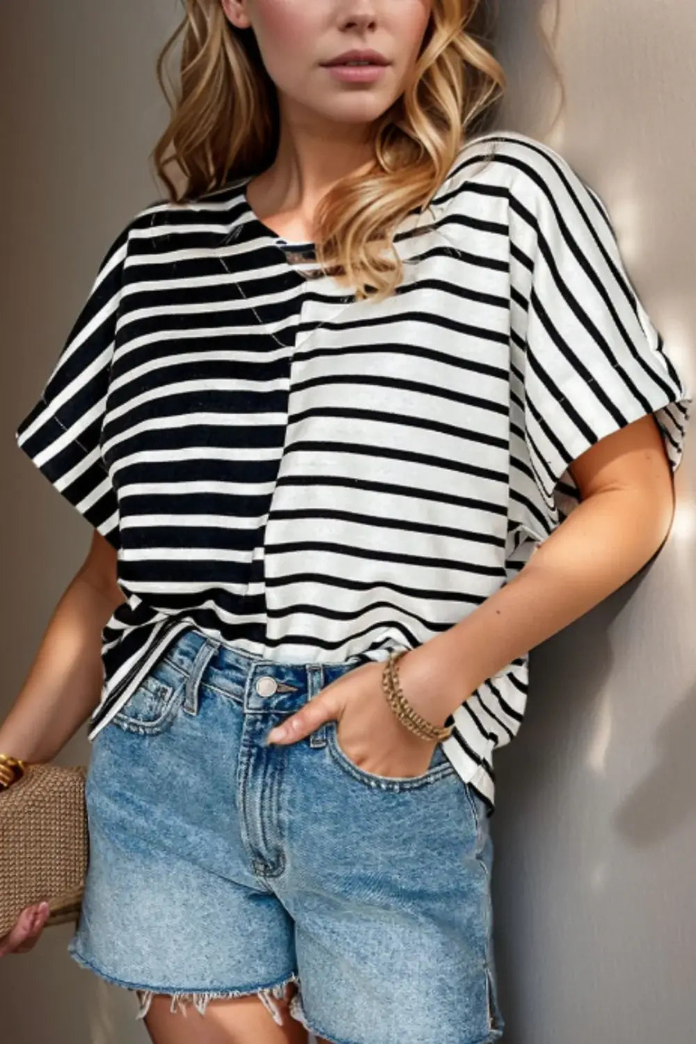 Stripe Two Tone Colorblock V-Neck T-Shirt - Trendsi - Flyclothing LLC
