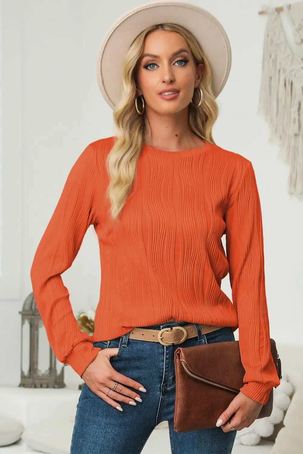 Textured Round Neck Long Sleeve Blouse - Trendsi - Flyclothing LLC