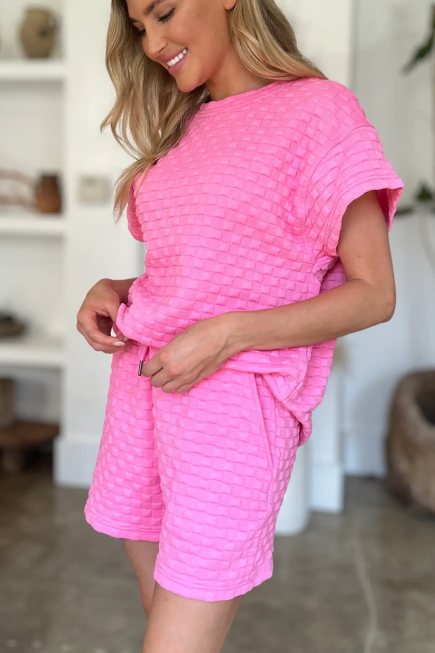 Double Take Full Size Texture T-Shirt and Shorts Set - Trendsi - Flyclothing LLC