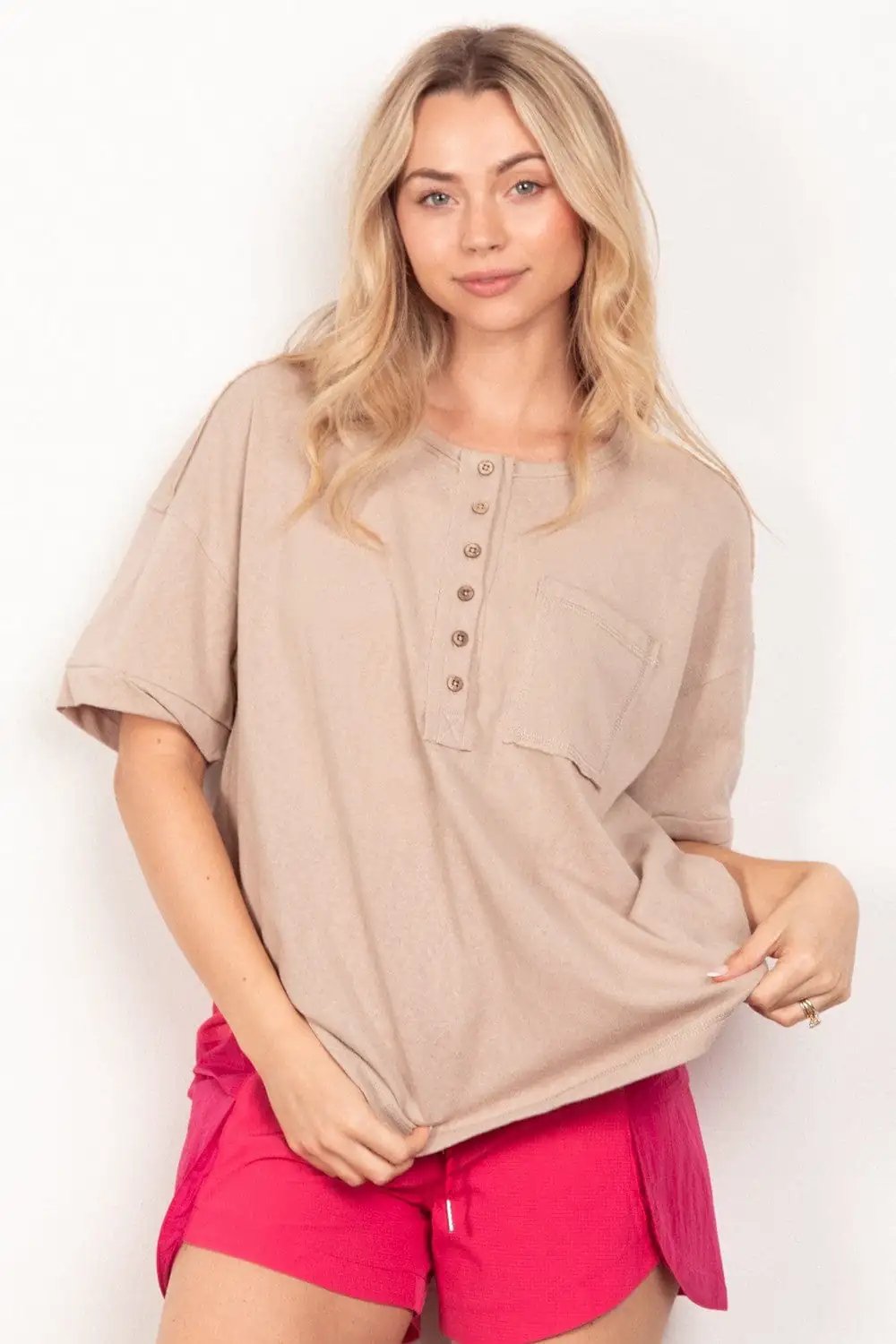 VERY J Twisted Sleeve Band Half Button Top - Trendsi