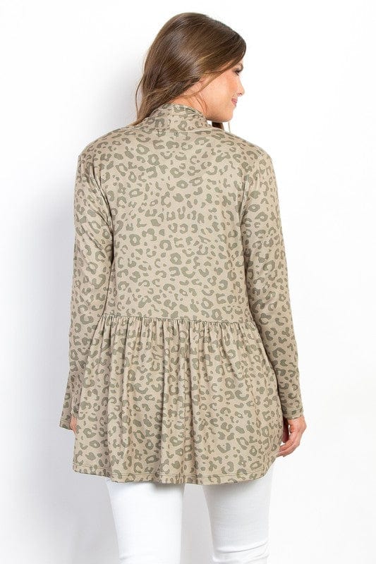 Be Stage Full Size Peplum Leopard Open Front Long Sleeve Cardigan - Trendsi