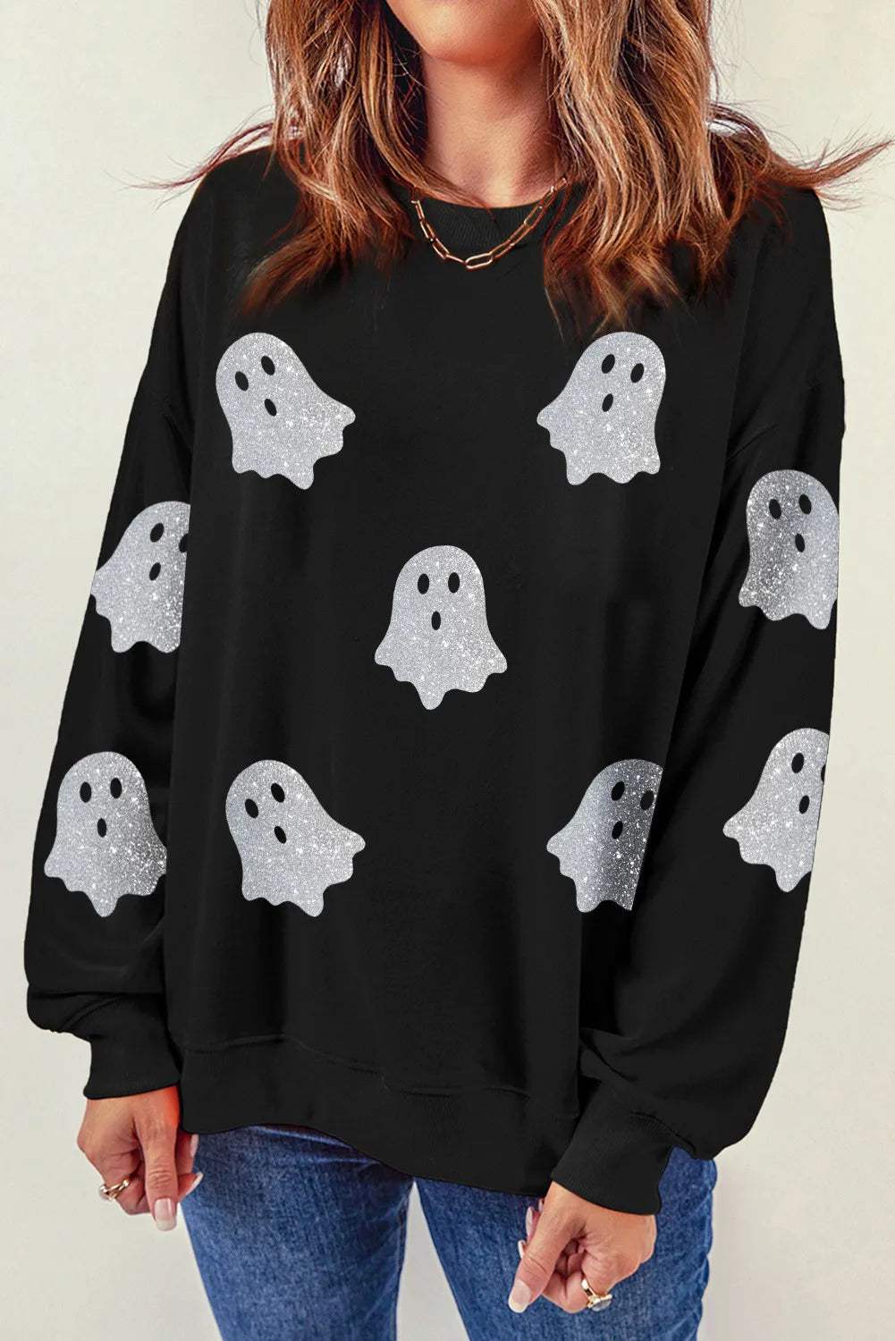 Glitter Round Neck Long Sleeve Sweatshirt - Trendsi - Flyclothing LLC