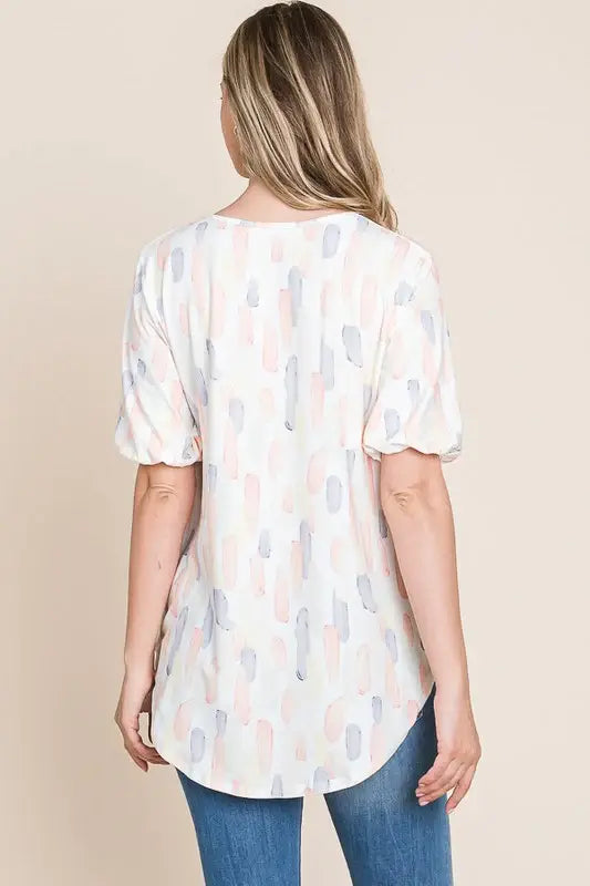 BOMBOM Round Neck Puff Short Sleeve Blouse - Trendsi - Flyclothing LLC