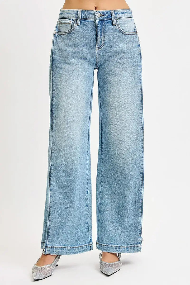 RISEN Mid Rise Wide Barrel Transferable Leg Snap Jeans - Trendsi - Flyclothing LLC
