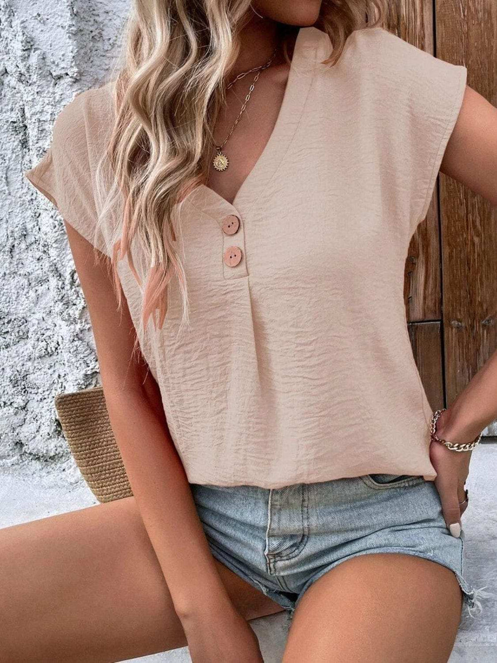 Decorative Button V-Neck Short Sleeve Blouse - Trendsi - Flyclothing LLC