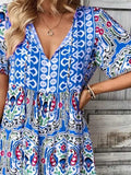 Printed Tie Neck Short Sleeve Dress - Trendsi - Flyclothing LLC