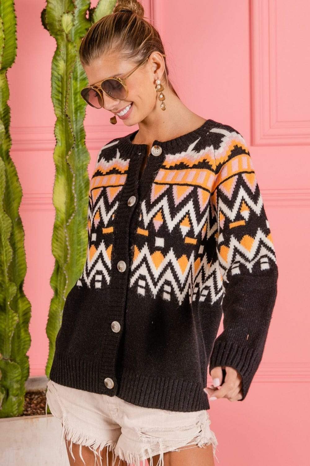 BiBi Ethnic Pattern Button Up Knit Cardigan - Trendsi - Flyclothing LLC