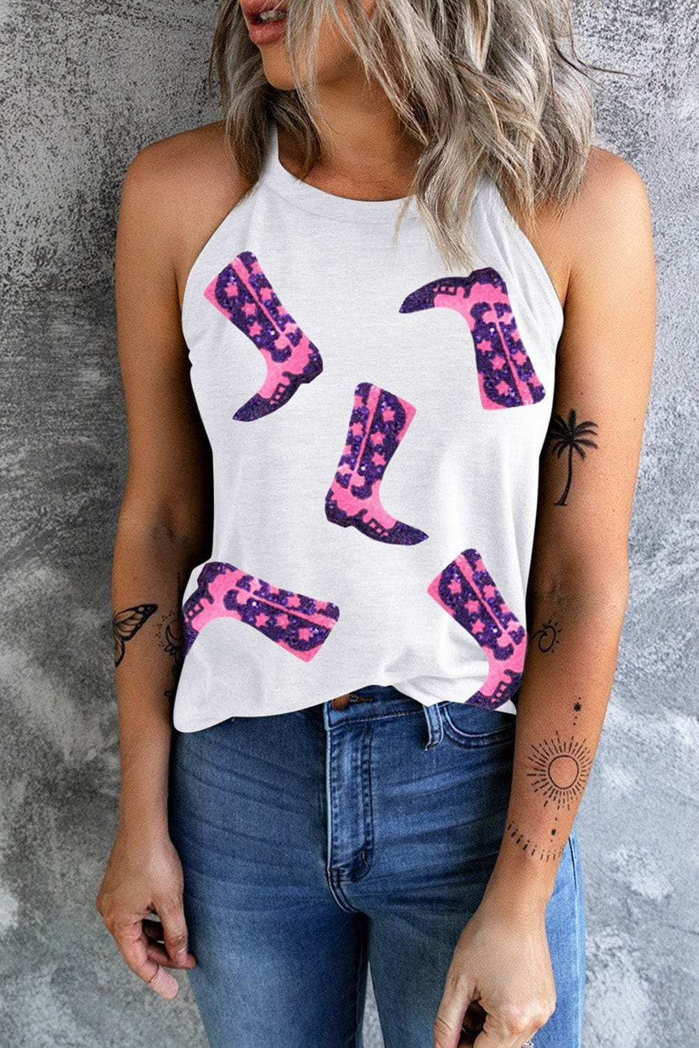 Sequin Boots Print Round Neck Tank - Trendsi - Flyclothing LLC