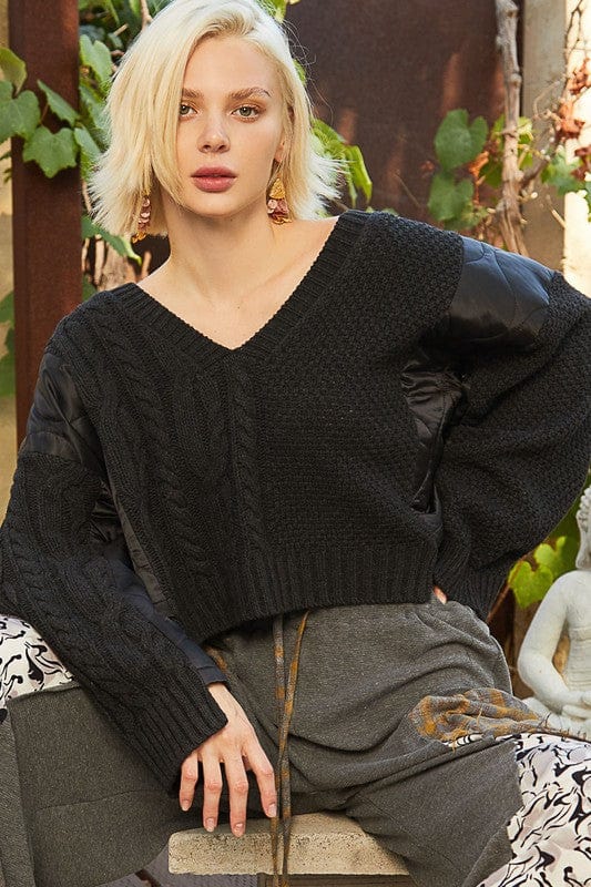 POL Cable Knit Quilting Patch V-Neck Sweater - Trendsi