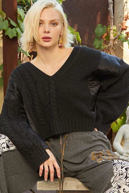 POL Cable Knit Quilting Patch V-Neck Sweater - Trendsi - Flyclothing LLC