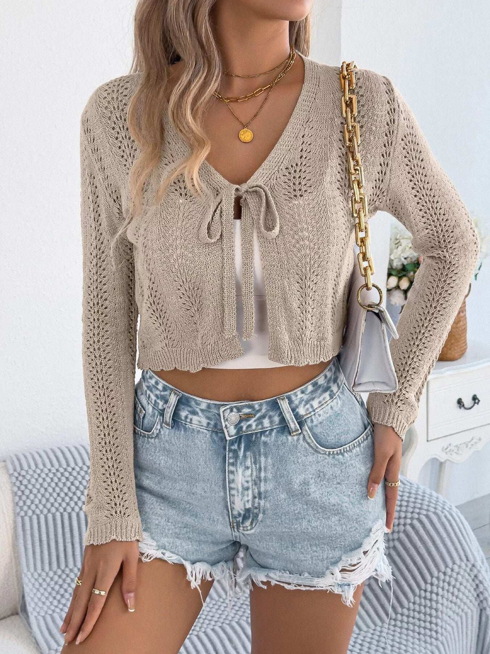 Openwork Tie Front Long Sleeve Cardigan - Trendsi - Flyclothing LLC