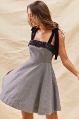 SO ME Houndstooth Fit Flare Mini Dress with Shoulder Tie - Trendsi - Flyclothing LLC