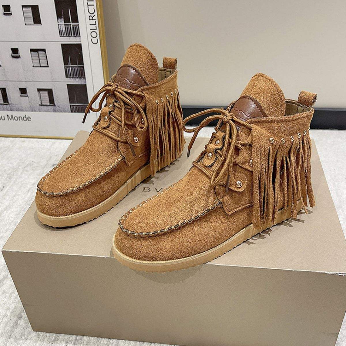 Fringe Studded Round Toe Canvas Boots - Trendsi - Flyclothing LLC