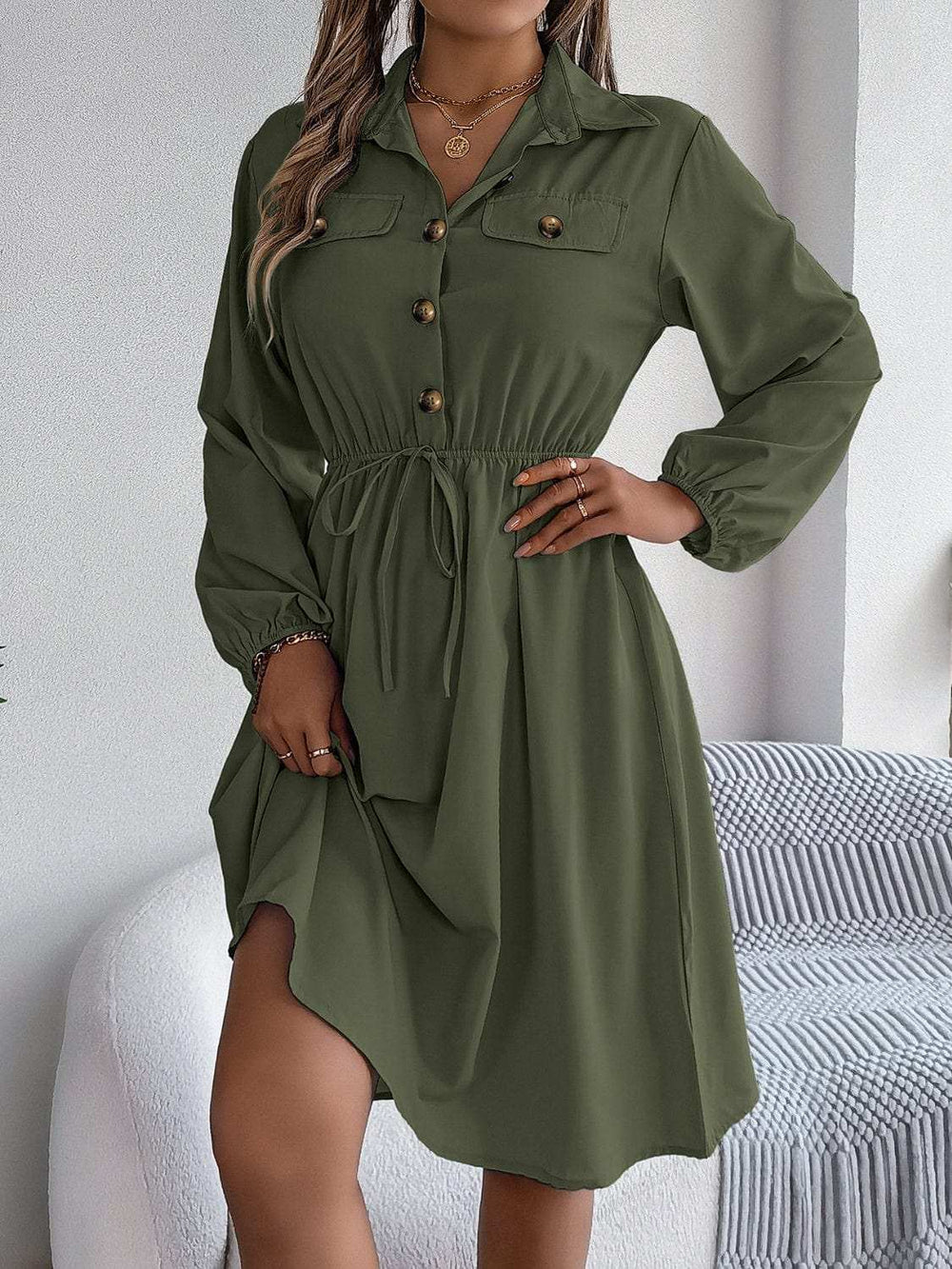 Collared Neck Long Sleeve Dress with Pockets - Trendsi - Flyclothing LLC