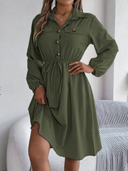 Collared Neck Long Sleeve Dress with Pockets - Trendsi