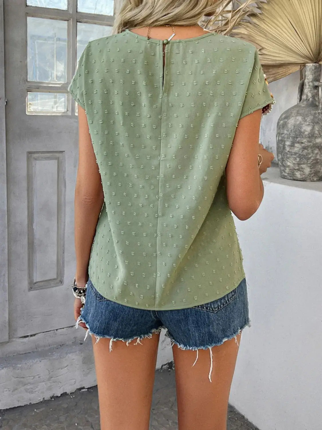 Devine Swiss Dot Round Neck Crochet Short Sleeve Top - Trendsi - Flyclothing LLC