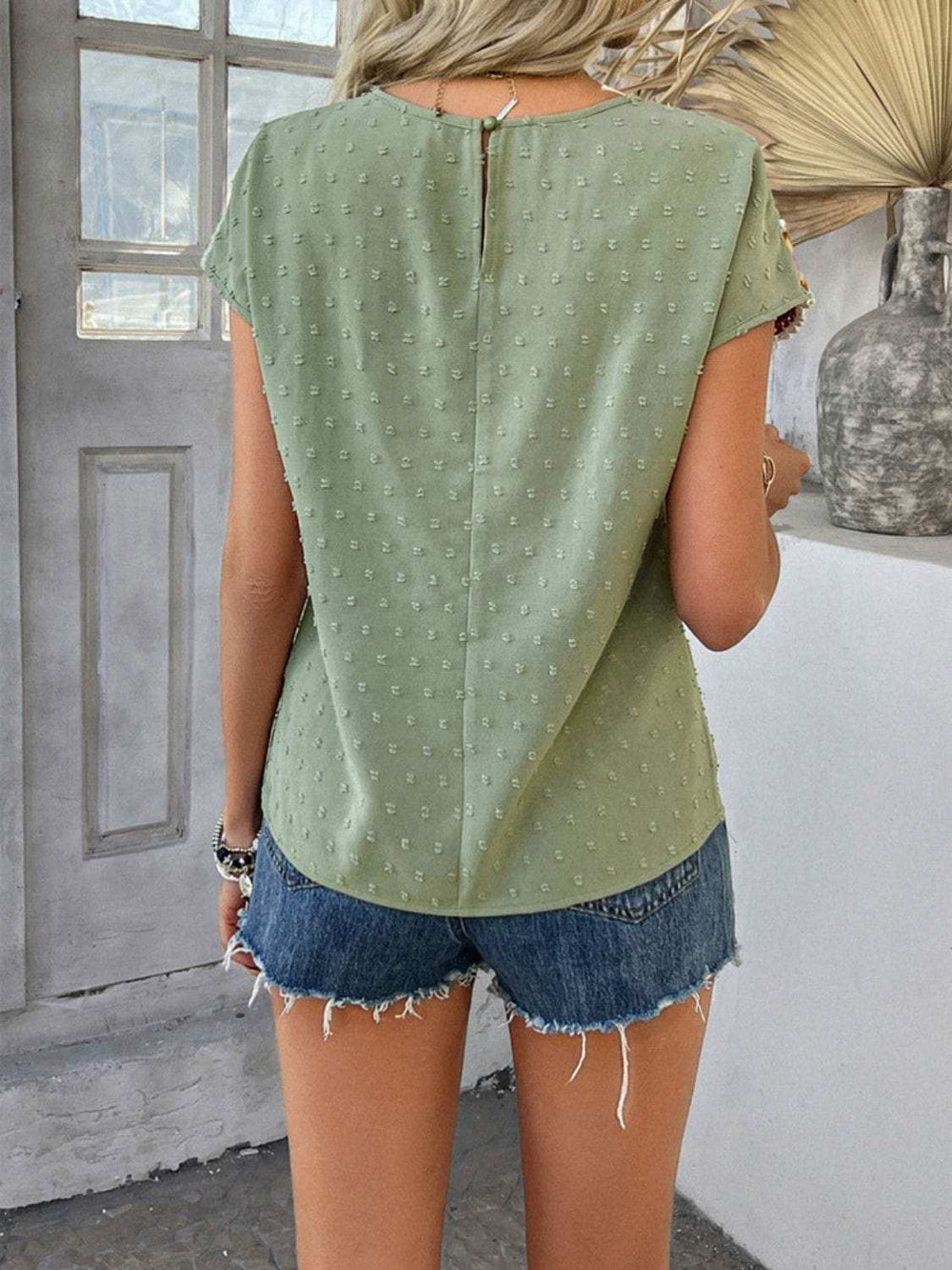 Devine Swiss Dot Round Neck Crochet Short Sleeve Top - Trendsi - Flyclothing LLC