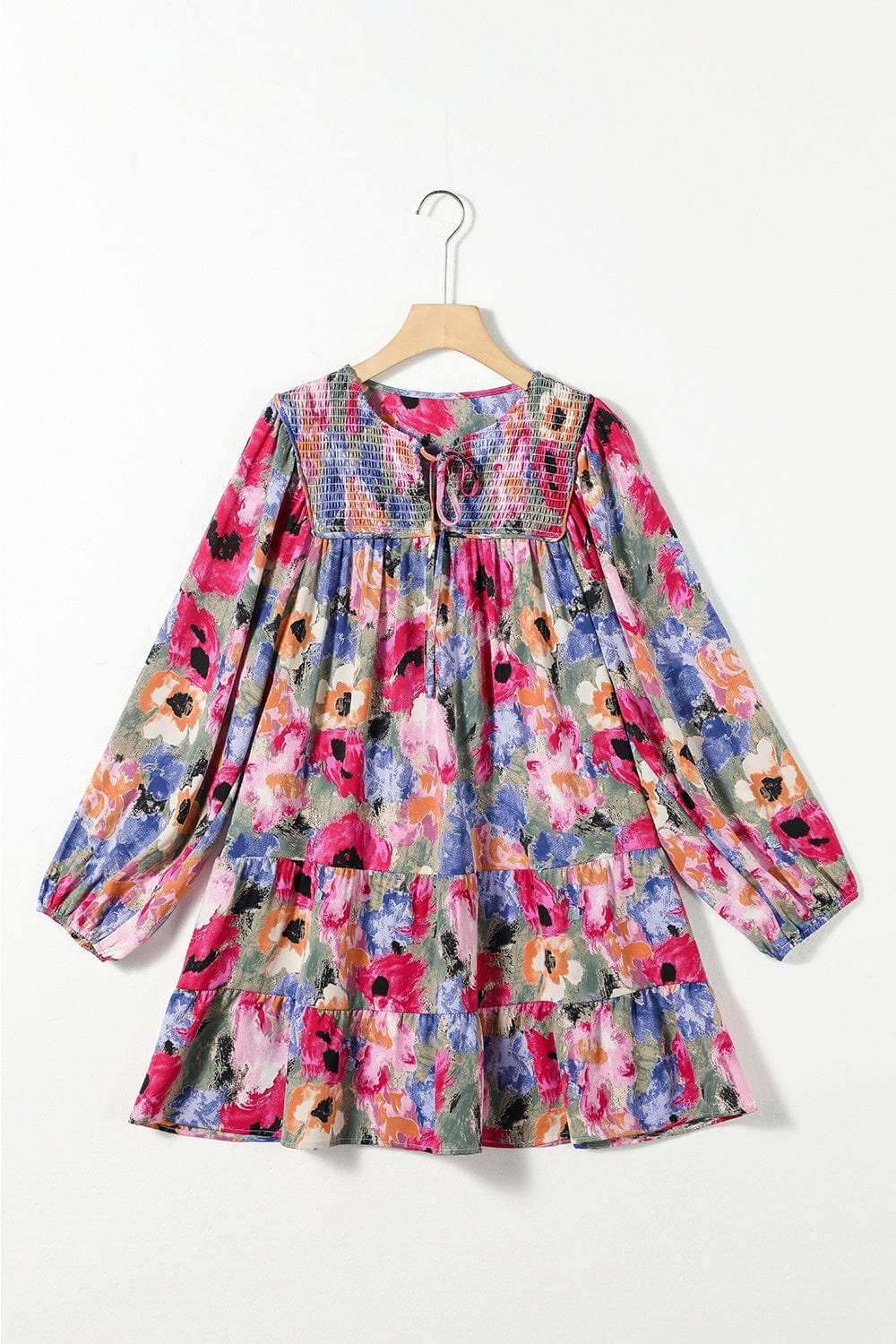 Printed Tie Neck Long Sleeve Mini Dress - Trendsi - Flyclothing LLC