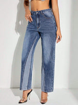 Contrast Patchwork Straight Jeans with Pockets - Trendsi - Flyclothing LLC