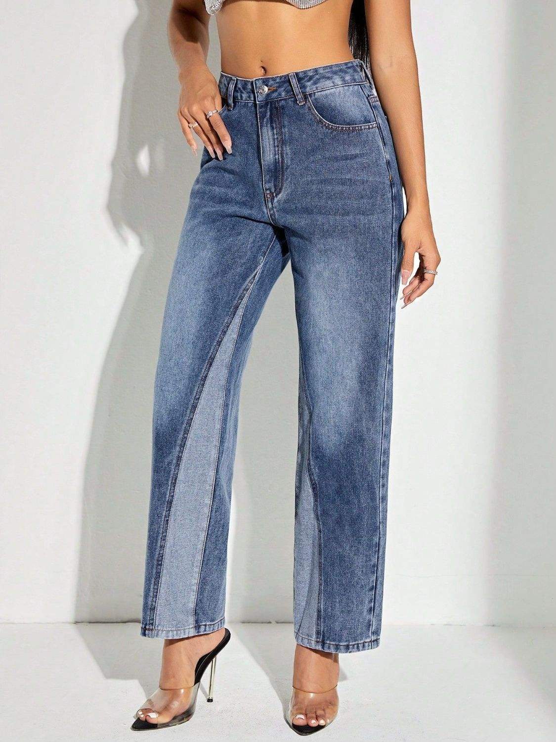 Contrast Patchwork Straight Jeans with Pockets - Trendsi - Flyclothing LLC