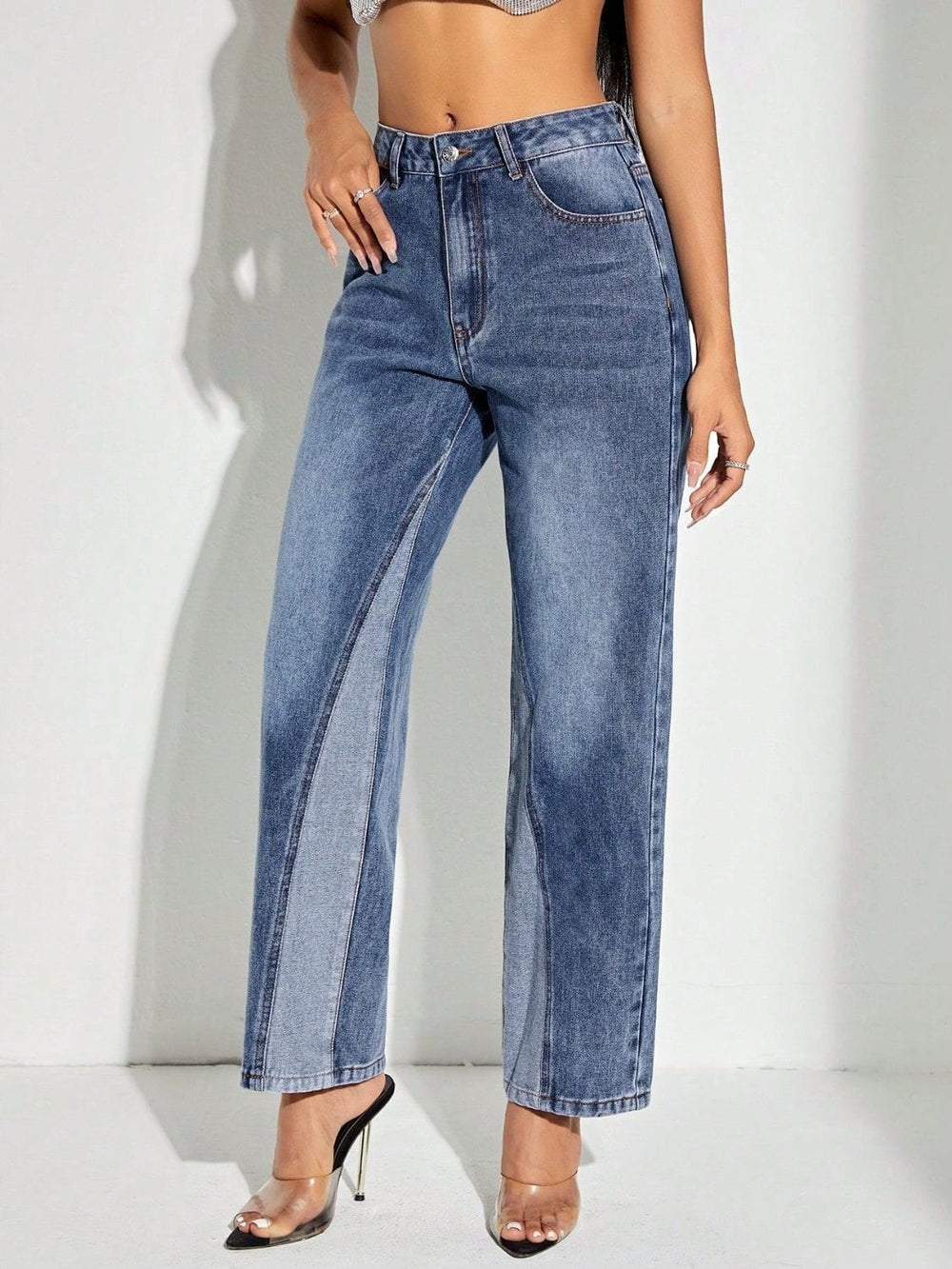 Contrast Patchwork Straight Jeans with Pockets - Trendsi