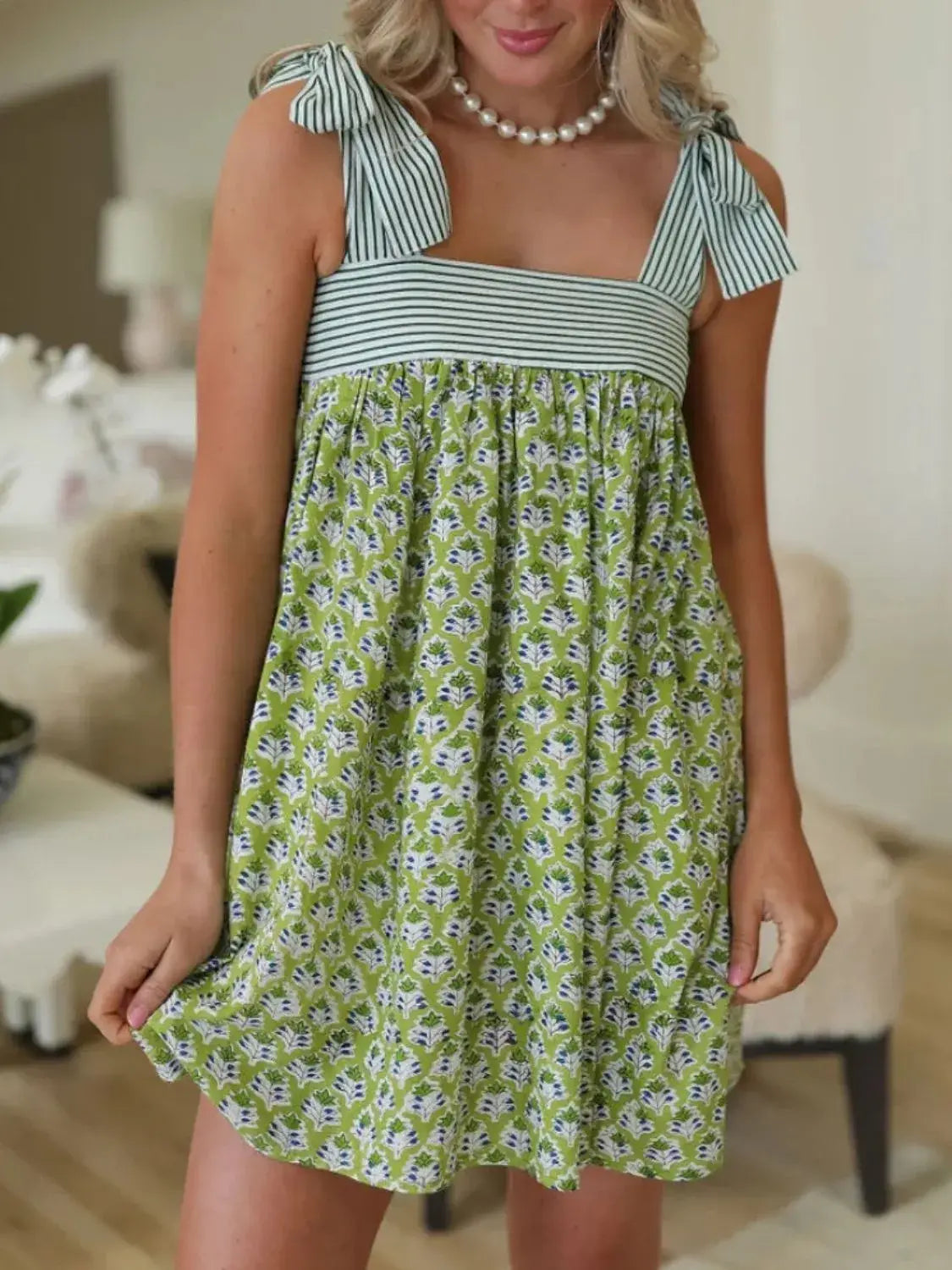 Printed Square Neck Tie Shoulder Mini Dress - Trendsi - Flyclothing LLC