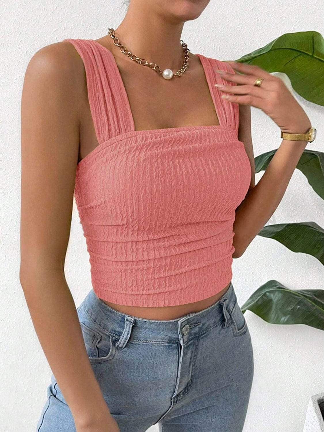 Textured Square Neck Wide Strap Tank - Trendsi - Flyclothing LLC
