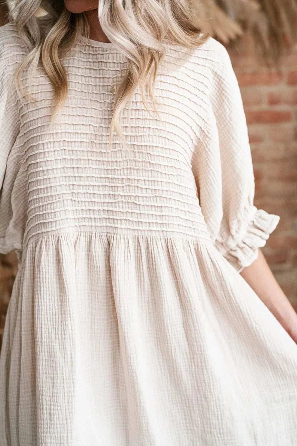 Textured Ruffled Puff Sleeve Loose Dress - Trendsi - Flyclothing LLC