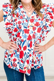 Ruffled Printed V-Neck Cap Sleeve Blouse - Trendsi