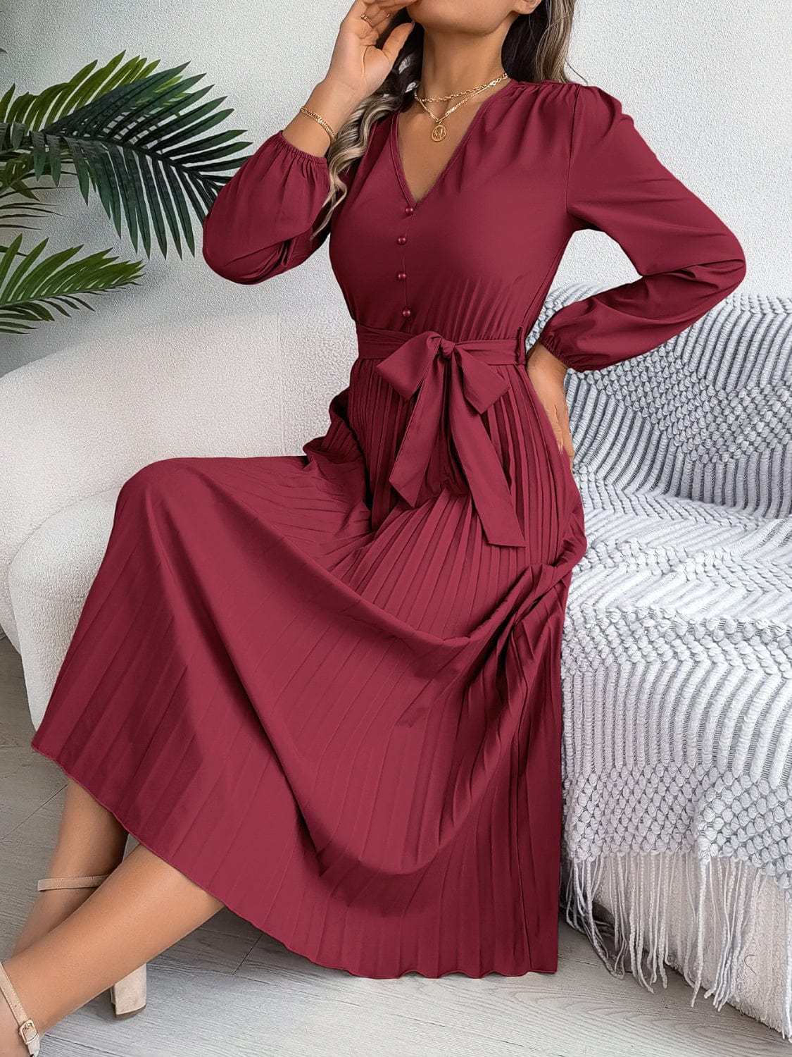 Pleated Tied V-Neck Long Sleeve Dress - Trendsi