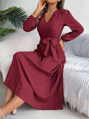 Pleated Tied V-Neck Long Sleeve Dress - Trendsi