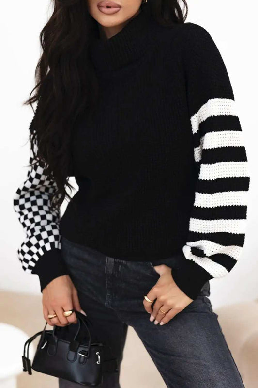 Striped & Checkered Turtleneck Dropped Shoulder Sweater - Trendsi - Flyclothing LLC