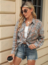 Pocketed Plaid Collared Neck Long Sleeve Shirt - Trendsi - Flyclothing LLC
