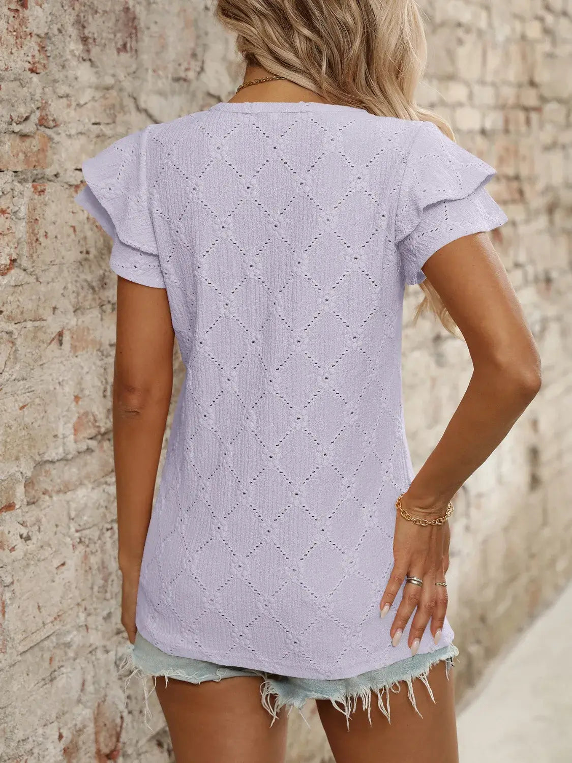 Eyelet V-Neck Ruffled Cap Sleeve Top - Trendsi - Flyclothing LLC