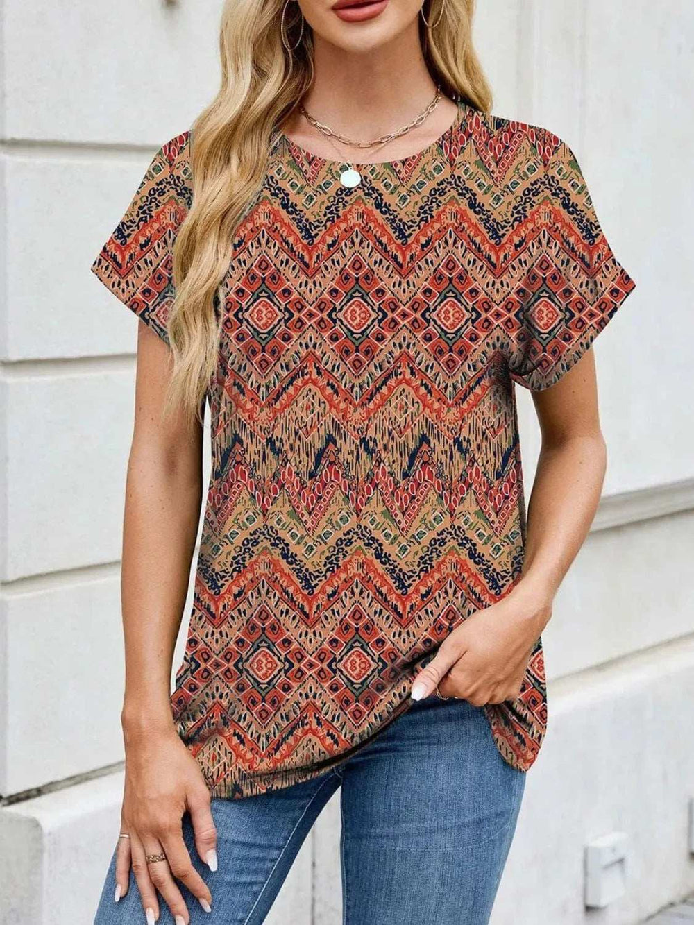 Printed Round Neck Short Sleeve Top - Trendsi - Flyclothing LLC