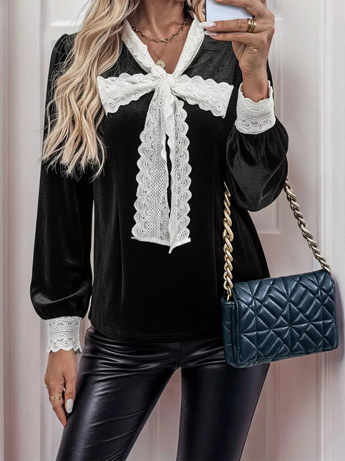 Lace Bow Tie Velvet Blouse - Trendsi - Flyclothing LLC