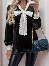 Lace Bow Tie Velvet Blouse - Trendsi - Flyclothing LLC
