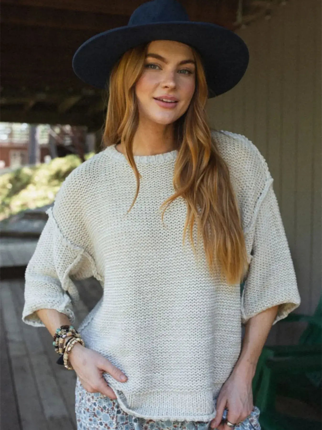 Round Neck Oversized Knit Top with Relaxed Fit - Trendsi - Flyclothing LLC