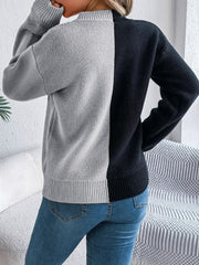 Contrast Round Neck Long Sleeve Sweater - Trendsi