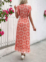 Ruffled High-Low Printed Short Sleeve Midi Dress - Trendsi - Flyclothing LLC