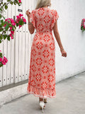 Ruffled High-Low Printed Short Sleeve Midi Dress - Trendsi