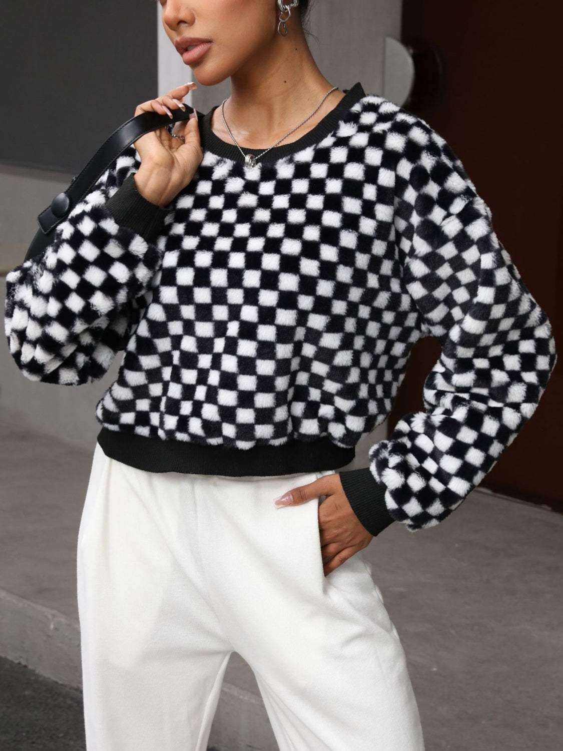 Plaid Round Neck Long Sleeve Sweatshirt - Trendsi - Flyclothing LLC