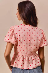 SO ME All Over Heart Ribbon Tie Baby Doll Valentine Blouse - Trendsi - Flyclothing LLC