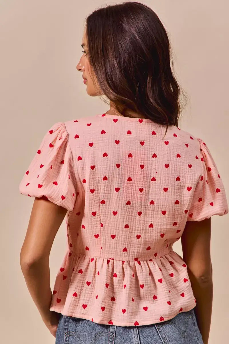 SO ME All Over Heart Ribbon Tie Baby Doll Valentine Blouse - Trendsi - Flyclothing LLC