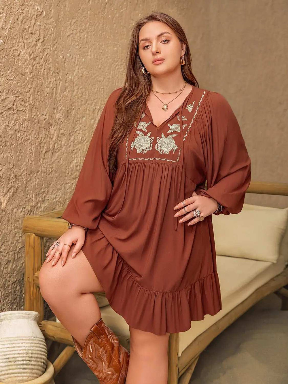 Plus Size Embroidered Tie Neck Balloon Sleeve Mini Dress - Trendsi - Flyclothing LLC