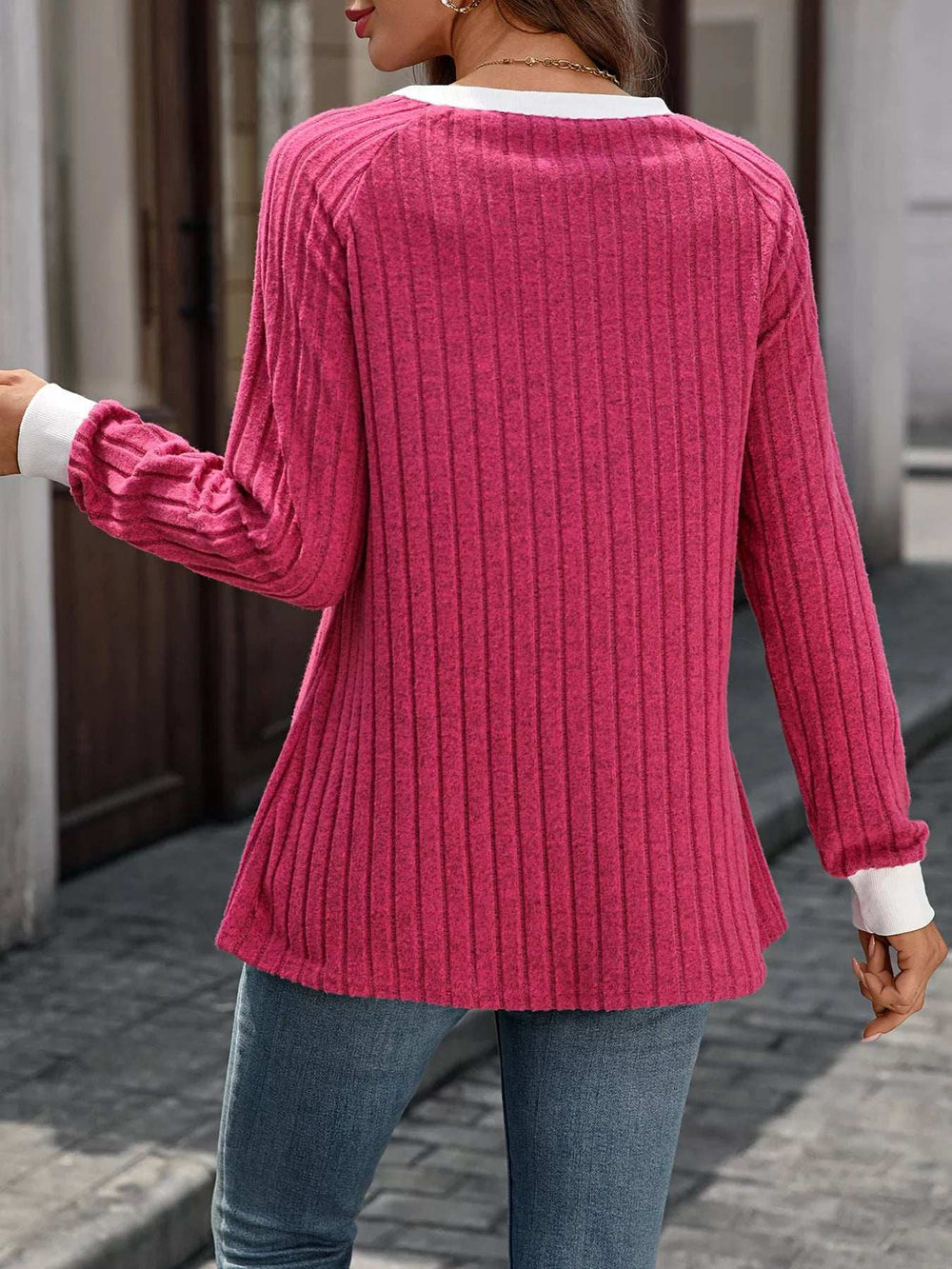 Ribbed Round Neck Raglan Sleeve Knit Top - Trendsi - Flyclothing LLC