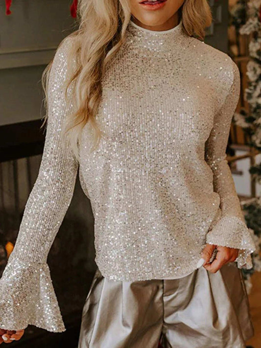Sequin Mock Neck Bell Sleeve Top - Trendsi - Flyclothing LLC