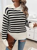Striped Collared Neck Long Sleeve Sweater - Trendsi - Flyclothing LLC