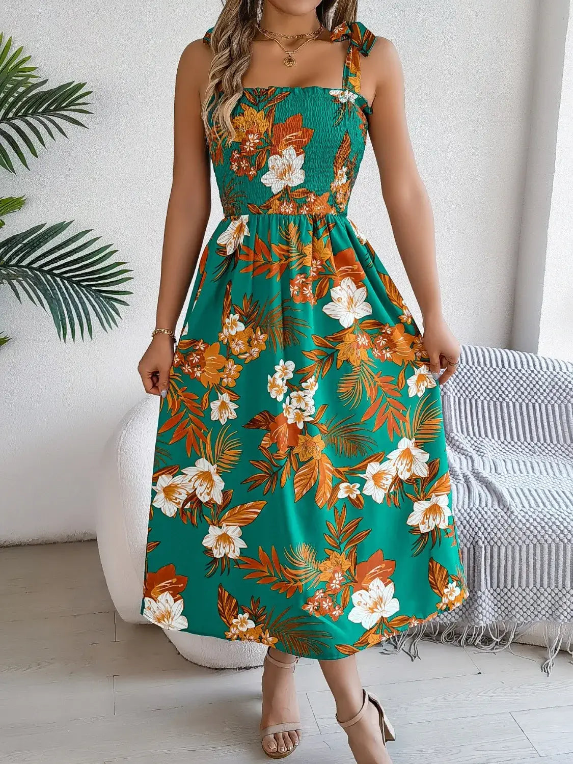 Smocked Floral Tie Shoulder Midi Dress - Trendsi - Flyclothing LLC